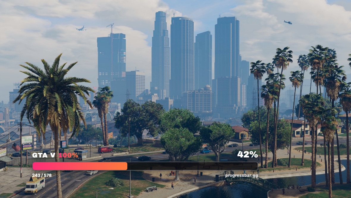 The ProgressBar live stream overlay over GTA V gameplay, showing 42 percent completion